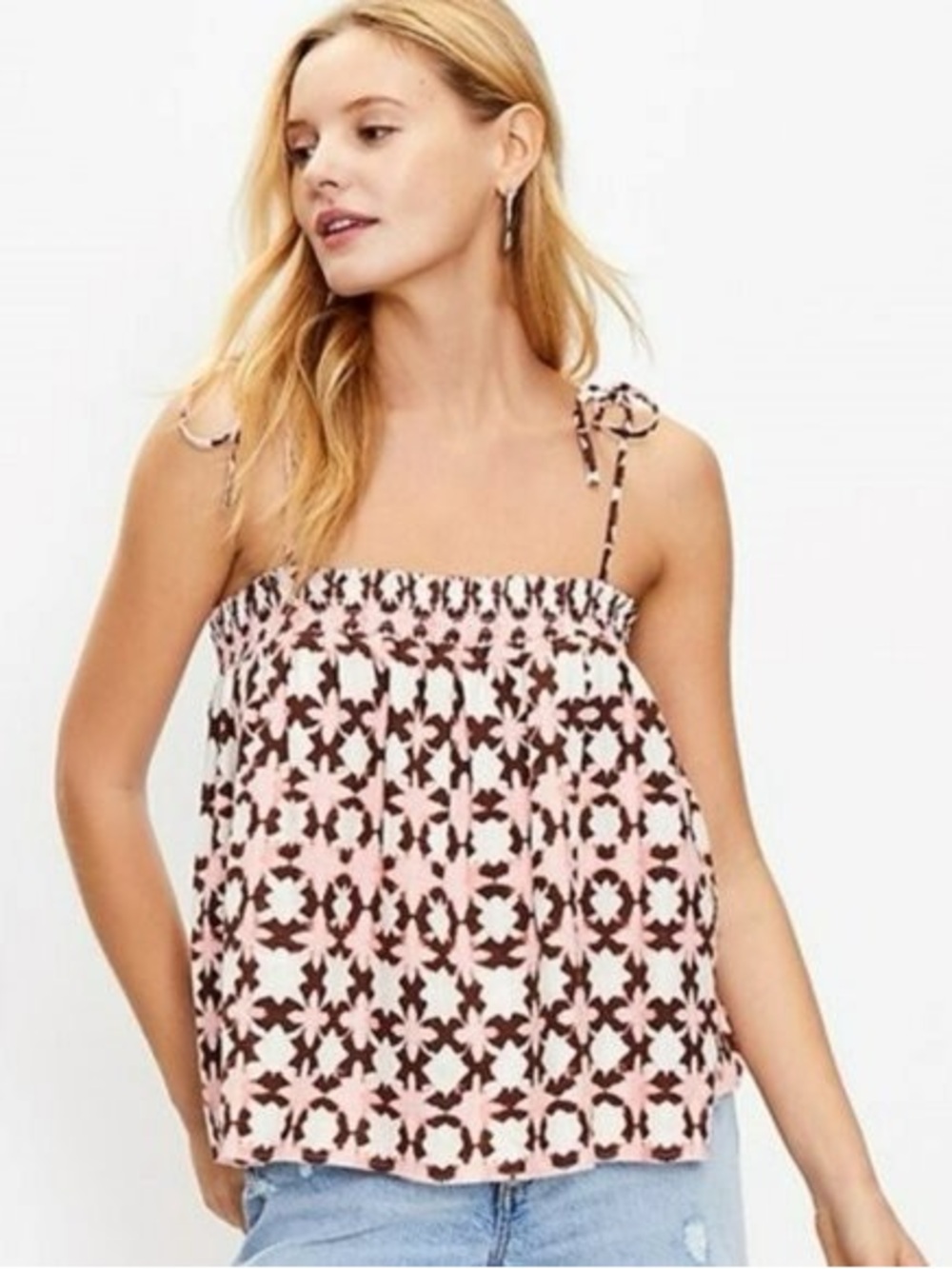 LOFT Pink & Brown Boho Printed Tie-Strap Linen Blend Camisole